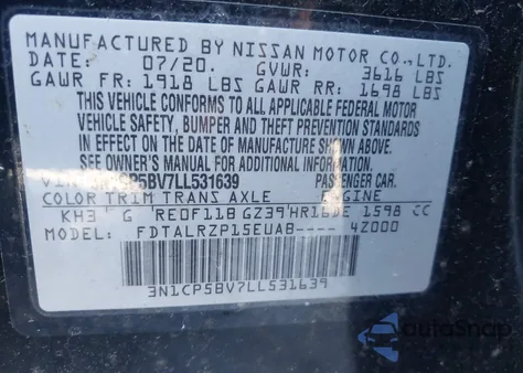 2020 Nissan Kicks S Xtronic Cvt z USA, uszkodzony, nr VIN 3N1CP5BV7LL531639